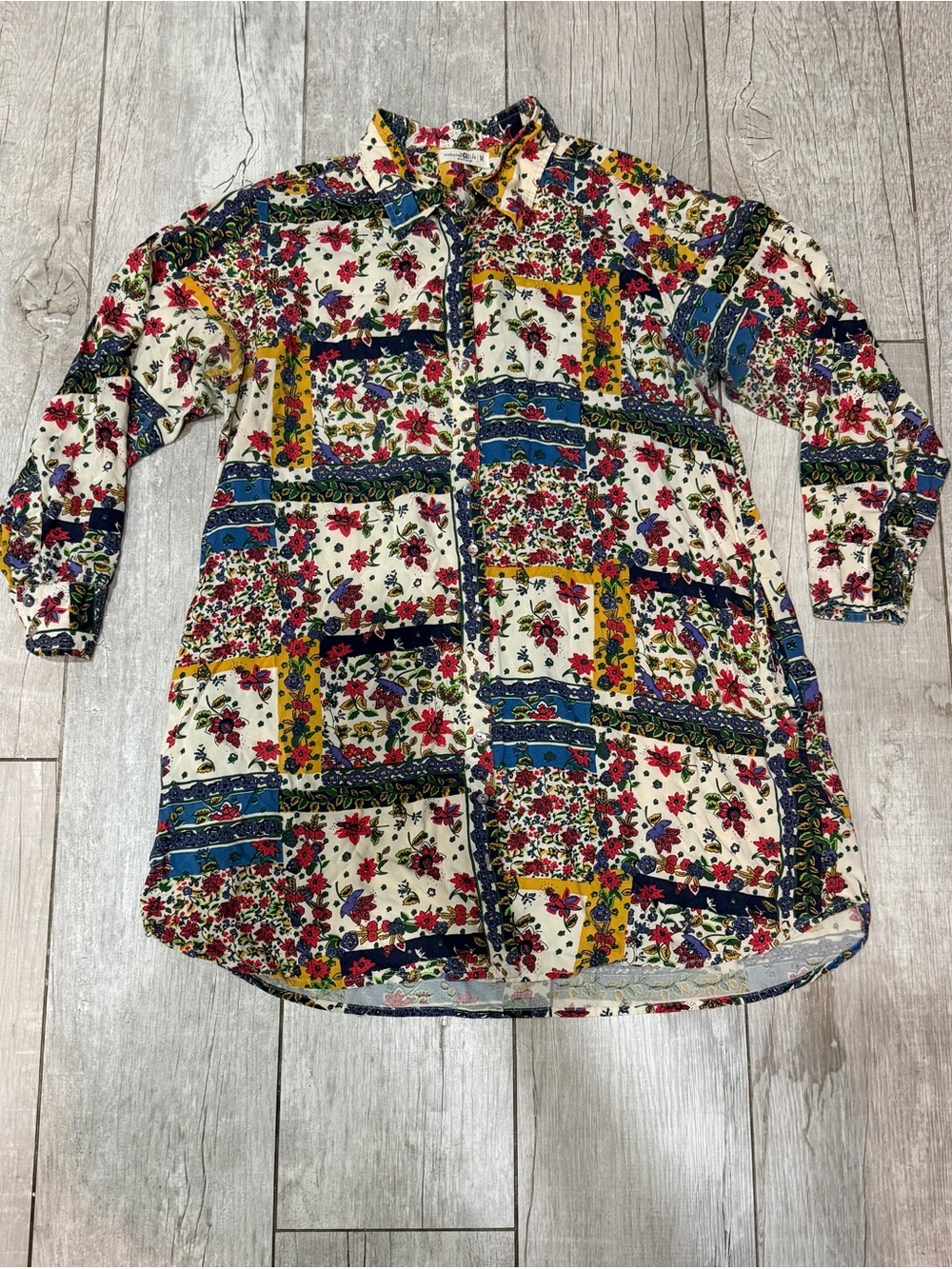 Natural Life Patchwork Floral Button-Down Tunic Shirt — Medium EUC - Picture 2 of 6